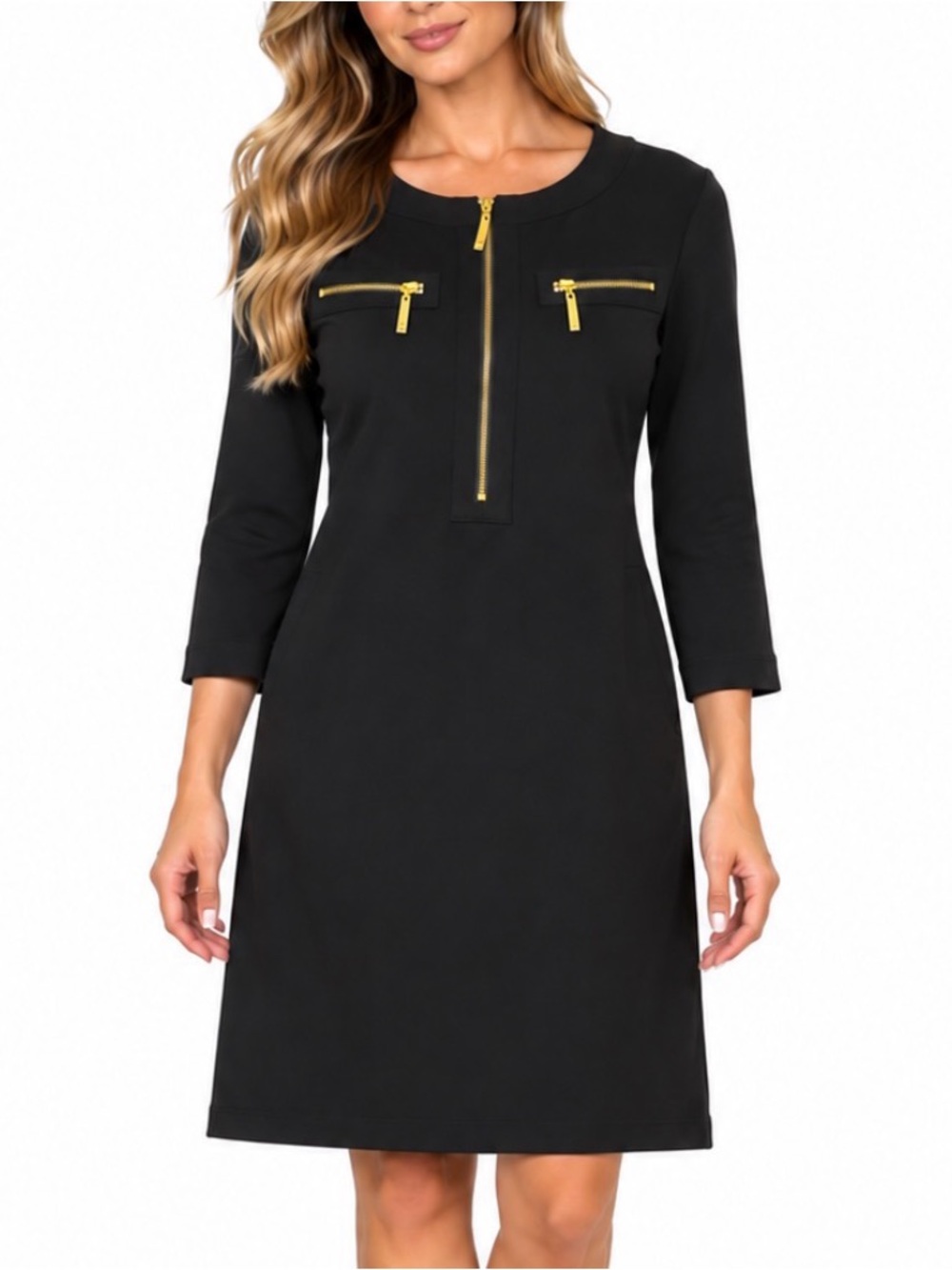 Boston Proper Black Shift Dress with gold Zip Accents 3/4 sleeve dinner SZ MD